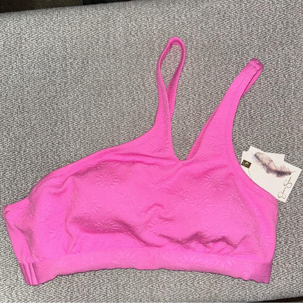 Jessica Simpson NEW one shoulder daisy textured hot pink bikini top size Small